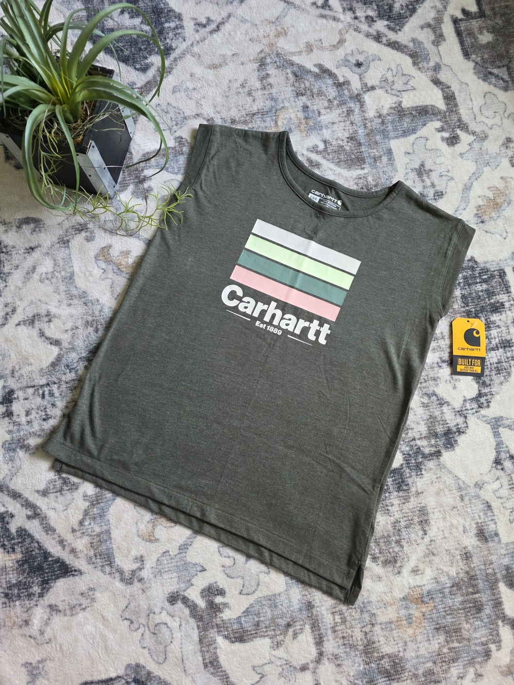 Carhartt Kids Olive Green Tank with Pastel Stripe Graphic